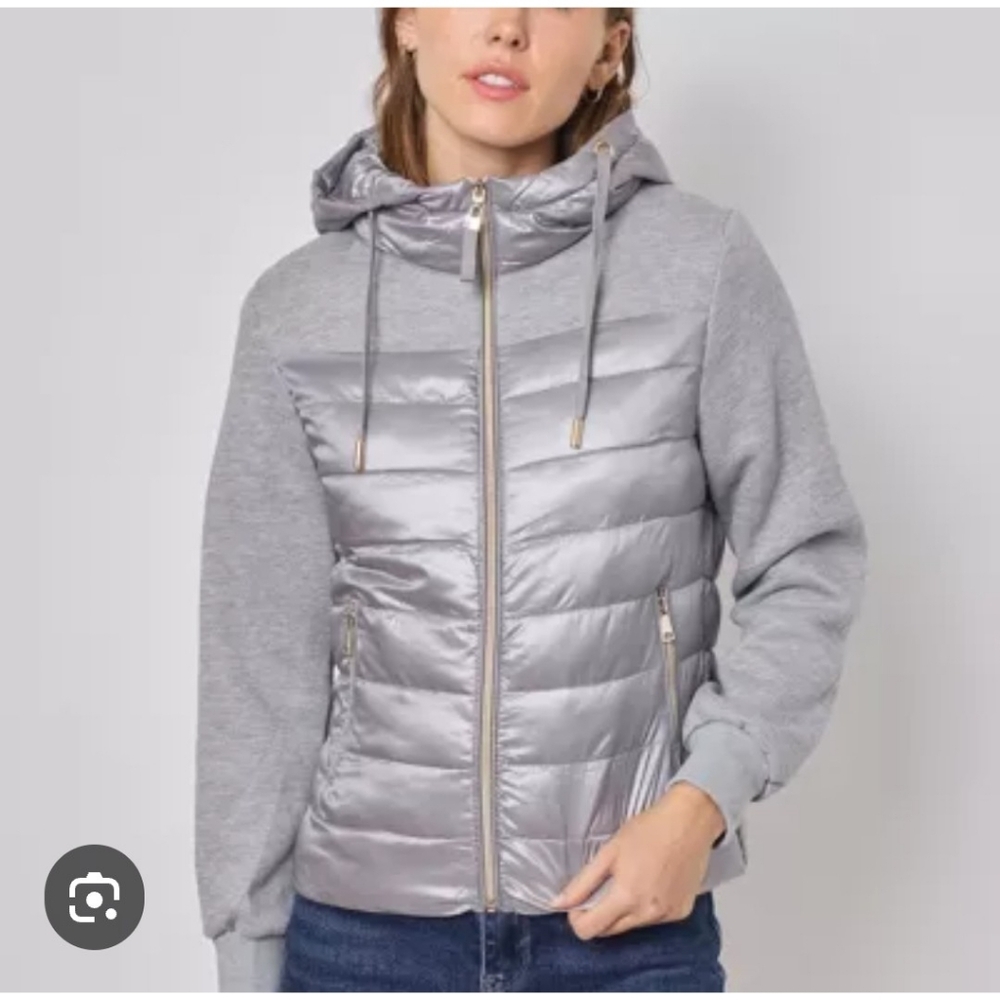 Frime Silver & Gray Puffer Jacket Women’s Size Medium Hooded Zip-Up